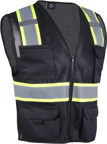 VENDACE Hi Vis - Chaleco de malla reflectante de seguridad para hombre, ANSI Clase 2, chaleco de alta visibilidad con 8 bolsillos y cremallera Negro