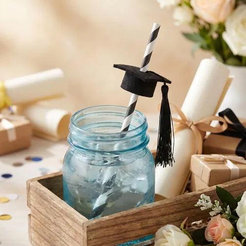 Miniatura 4 de PRETYZOOM Pajitas de graduación con decoración de sombrero de Doctor S, paquete de 12 popotes largos de cóctel para fiesta de graduación 2025