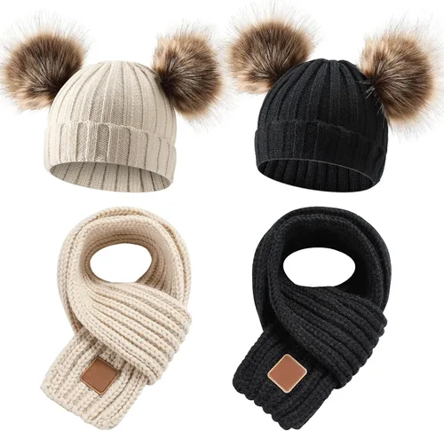Juego de 2 gorros de invierno para niñas, gorro de lana para bebé, color puro, doble torsión, gorro de punto para bebés de 0 a 3 años