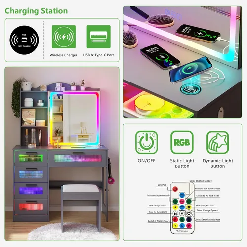 Miniatura 4 de HNEBC Escritorio de tocador con espejo deslizante y luces LED, tocador RGB con estación de carga, tocador de maquillaje con control remoto, tocador