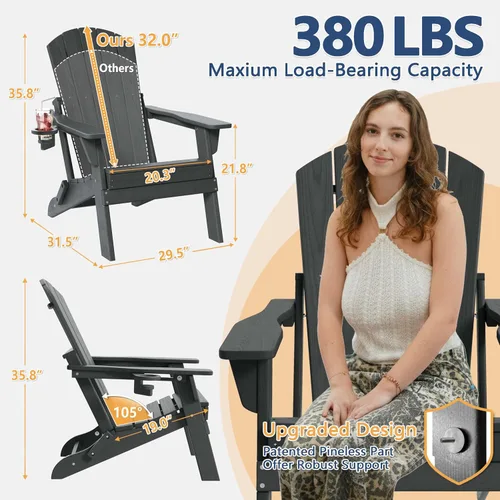 Miniatura 2 de Silla Adirondack plegable con soporte para tazas, de plástico HDPE resistente a todo tipo de clima, sillas de patio al aire libre, asiento