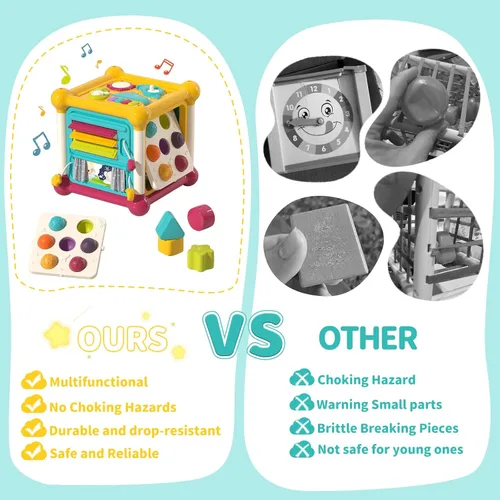 Miniatura 4 de Cubo de Actividades para Bebés, Juguetes de Cubo para Bebés de 6-12 Meses, Tablero Ocupado Musical para Niños Pequeños con 4 Bloques de Formas