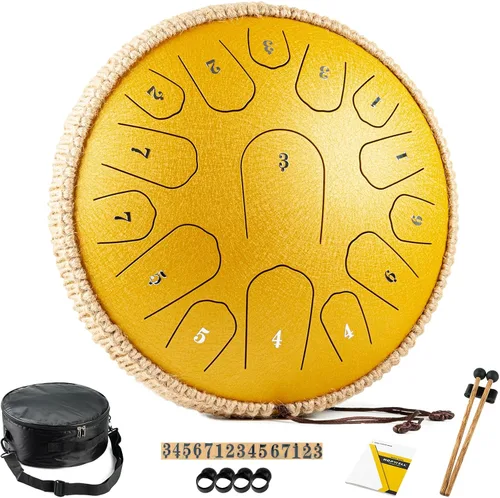 Miniatura 7 de HOPWELL Tambor de Lengua de Acero - 13 Pulgadas 15 Notas Tambor de Lengua - Tambor Handpan con Libro de Música, Mazos para Tambores Handpan y Bolsa