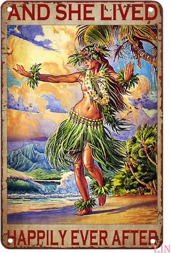 Hawaii - Póster de hojalata hawaiana con texto en inglés «Girl and She Lived Happily Ever After» (La chica y ella vivió felizmente para siempre),