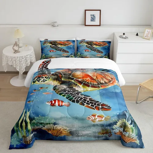 Miniatura 40 de Erosebridal Juego de edredón de ballena náutica, tamaño individual, juego de ropa de cama vintage azul con ondas oceánicas para niños y niñas