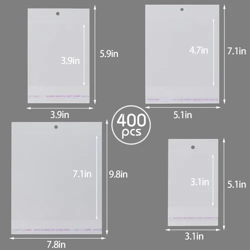Miniatura 6 de 400 bolsas de plástico transparente autosellantes con agujero para colgar, bolsas de celofán resellables para panadería, galletas, dulces, joyas