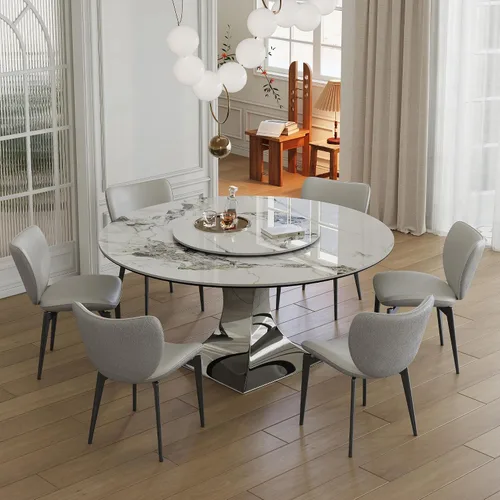Miniatura 3 de Mesa de comedor redonda, mesa de comedor de piedra sinterizada blanca, base moderna de acero inoxidable sólido