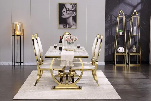 Miniatura 7 de ACEDÉCOR Sillas de comedor blancas y doradas, modernas sillas de piel sintética blanca, magnífica silla ovalada con respaldo de acero inoxidable