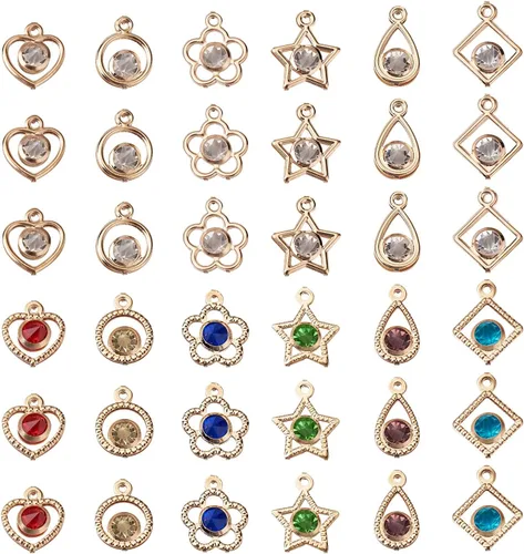 Miniatura 10 de Cheriswelry Colgantes de corazón de diamantes de imitación de oro claro, colgante de aleación colgante de cristal brillante, abalorios de flores 3