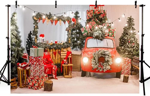 Miniatura 7 de MEHOFOND Árbol de Navidad de invierno de 8 x 6 pies, regalo de automóvil rojo, guirnalda de pino verde claro, guirnalda de pino verde claro