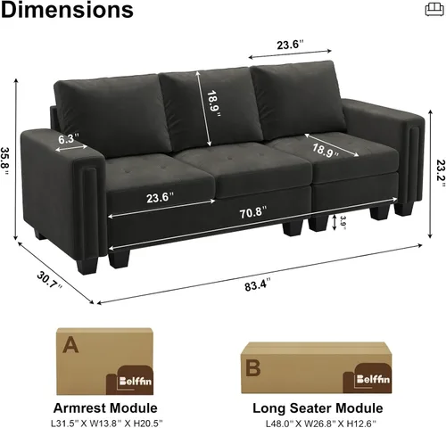 Miniatura 2 de Belffin Sofá modular de terciopelo de 3 plazas para sala de estar, color gris