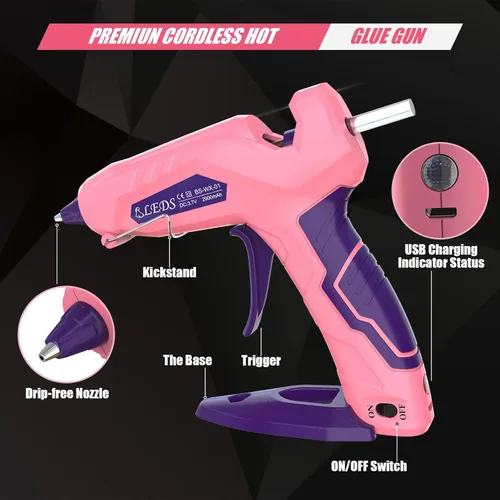 Miniatura 5 de BLEDS Pistola de pegamento caliente inalámbrica, kit de mini pistola de pegamento de precalentamiento rápido con 30 barras de pegamento y estuche