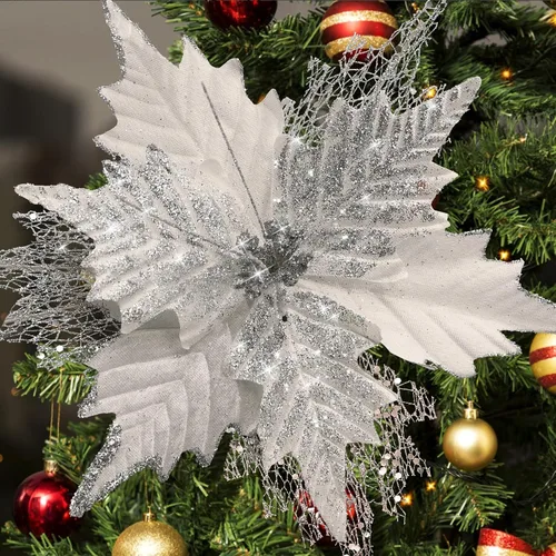 Miniatura 10 de Flores de Pascua de Navidad con purpurina de 10'' de stadeco, 10 unidades, adornos de árbol de Navidad con flores artificiales con tallos largos