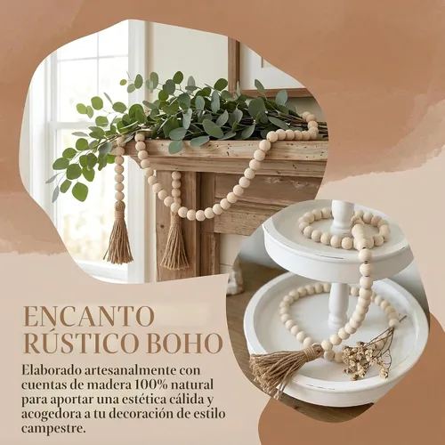 Miniatura 2 de Cuentas estilo granja, guirnalda de cuentas de madera de 58 pulgadas con borlas, decoración rústica de campo, cuentas bohemias de oración