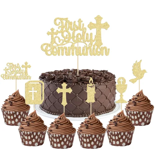 Miniatura 17 de Gyufise 25 adornos para magdalenas de la primera comunión con purpurina para la primera comunión, decoración para tartas de la primera comunión