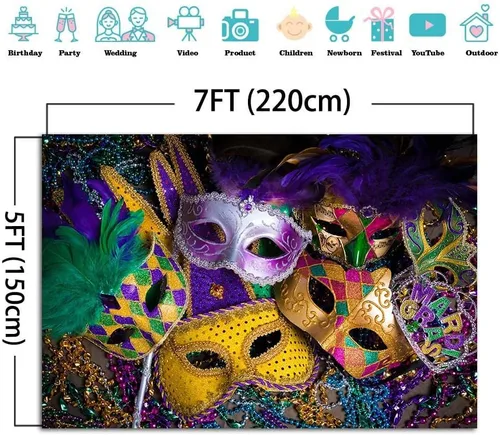 Miniatura 3 de Máscara de cuentas de 7 x 5 pies con purpurina dorada y morada, para carnaval, telón de fondo, fiesta, baile, fiesta de cumpleaños, fotografía