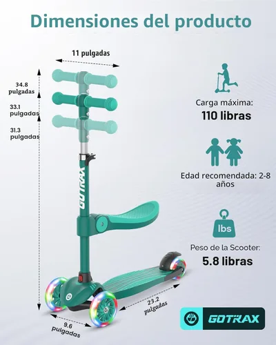 Miniatura 9 de Gotrax KS3 - Patinete para niños, ruedas iluminadas LED, manubrio de altura ajustable y asiento extraíble, cubierta antideslizante inclinada