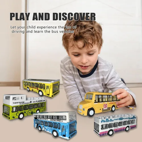 Miniatura 2 de KIDAMI Juego de 5 autos de juguete de metal fundido a presión, a escala 1:64, con puertas abiertas, vehículos de autobús urbano de dos pisos