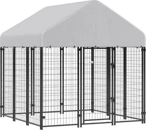 Miniatura 19 de PawHut Jaula de 4' x 4' x 6' para perros al aire libre, Jaula de alambre soldado para perros con rotación de 360° y cuencos ajustables de 4 niveles