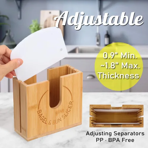 Miniatura 4 de Soporte de corte de bagel ajustable Soporte de corte de bagel de bambú con ranuras ajustables de ancho para bagels pequeños y grandes, bollos