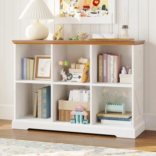 IRONCK Organizador de almacenamiento de 6 cubos, estante de madera con almacenamiento, estantería de granja para dormitorio, sala de estar y oficina