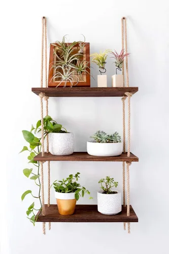 Miniatura 7 de Mkono Estantes colgantes de madera rústica de 3 niveles, estantes flotantes de pared para plantas de fotos, estante de almacenamiento colgante
