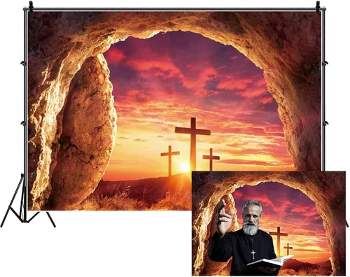 Fondo de fotografía de tumba vacía de 6 x 4 pies, puesta de sol con luz sagrada, tres cruces en la montaña, Jesucristo, agujero de piedra, telón de