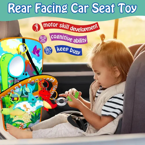 Miniatura 3 de Asiento de automóvil para bebé, juguetes de dinosaurios, juguete de doble cara para asiento de automóvil infantil con juguetes de peluche, espejo