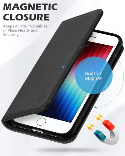 Miniatura 4 de SHIELDON Funda para iPhone SE 2022/SE 2020, tarjetero de piel auténtica, soporte magnético, funda de protección a prueba de golpes, compatible