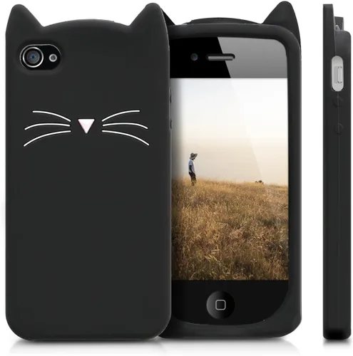 Miniatura 5 de kwmobile Funda compatible con Apple iPhone 4 y 4S - Cat Case Soft Cute Funda protectora de silicona - Negro/Blanco