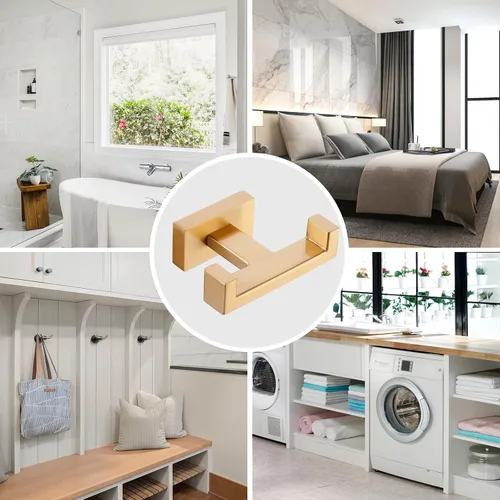 Miniatura 4 de Gancho doble para toallas de baño para montar en la pared, soporte moderno dorado para toallas, ganchos resistentes para bata de pared, colgador