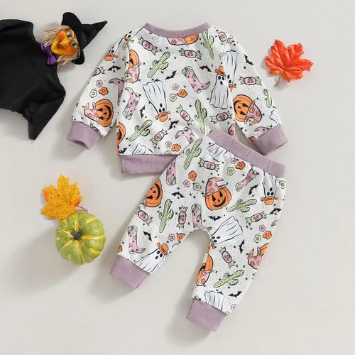 Miniatura 53 de YINGISFITM Conjunto de camisa de calabaza de Halloween para bebé, niña, niño, sudadera y pantalones para otoño e invierno