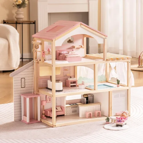 Miniatura 9 de ROBUD Casa de Muñecas, Casa de Muñecas de Madera con 6 Habitaciones, Set de Muebles de 29 Piezas, Ascensor Funcional, Garaje, Piscina, Regalo Ideal
