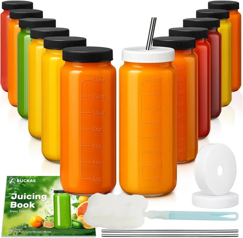 Miniatura 12 de Ruckae Paquete de 10 botellas de jugo de 16 onzas, botellas de vidrio con tapas, tapas de taza de batido y pajitas, botella de agua, vasos