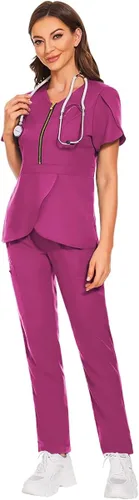 VIAOLI Conjunto de ropa quirúrgica para mujer con cremallera, conjunto médico de enfermería y pantalón de enfermería, diseño moderno y sexy,