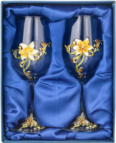 Simcat Copa de Vino de Esmalte Pintada a Mano Transparente con Flores, Pie para Cabernet, Regalos (Doble caja de regalo amarilla, 2 Cajas de Regalo)