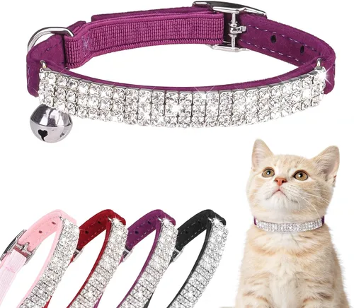 Miniatura 15 de BINGPET collar ajustable para gatos, de terciopelo suave, seguro, collares Bling diamante con cascabel, Adjustable, Rosado claro Rosa