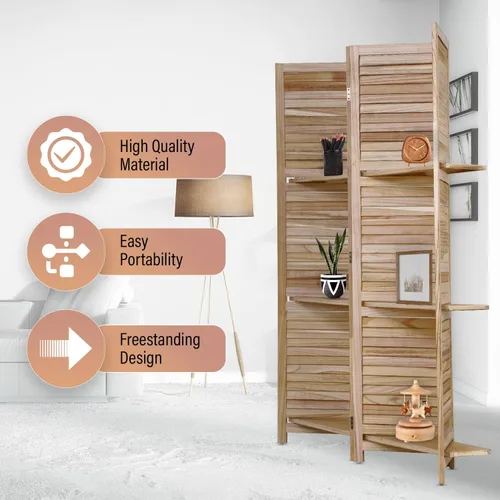 Miniatura 3 de Divisor de habitación de 4 paneles, pantalla de madera de privacidad con estantes, separadores de habitación, separadores de habitación plegables