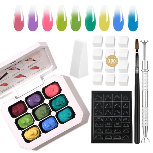 Miniatura 17 de Finger Secret - Juego de 9 colores de esmalte de uñas de gel Ombre Pat, paleta de esmaltes de gel con 20 esponjas de uñas para arte de uñas de gel