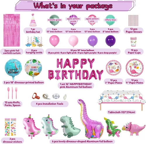 Miniatura 2 de 150 piezas de suministros de fiesta de cumpleaños de dinosaurios para niñas (sirve 12), decoraciones de fiesta de dinosaurio rosa, 50 globos