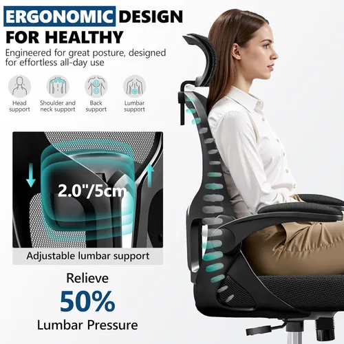 Miniatura 4 de Silla de oficina ergonómica, silla de escritorio de malla con reposacabezas ajustable y soporte lumbar, silla de computadora con ruedas con Negro