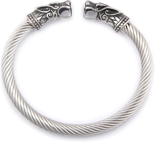 BAVIPOWER Pulsera de acero inoxidable con cabezas de lobo nórdico Fenrir Odin Raven Dragón Serpiente de acero inoxidable fuerte Pagan Jewelry