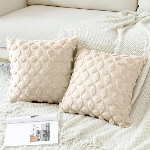 Miniatura 3 de OTOSTAR Juego de 2 fundas de almohada decorativas de terciopelo de lana suave con patrón de flores en 3D, fundas de cojín para sofá de sala de Crema