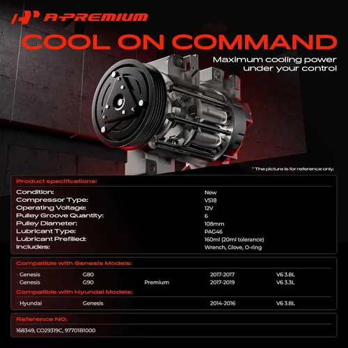 Miniatura 2 de A-Premium Compresor de aire acondicionado con embrague compatible con Hyundai Genesis 3.8L 2014-2016, Genesis G80 3.8L 2017, G90 3.3L 2017-2019
