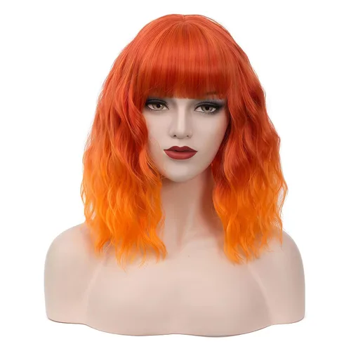 Miniatura 20 de BUFASHION Peluca rizada corta ondulada de 14 pulgadas para mujer, peluca sintética para cosplay, Halloween, peluca con flequillo lateral (negro)