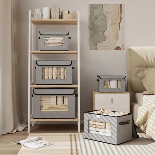 Miniatura 4 de Cesta de almacenamiento de tela con tapa, organizador decorativo de lino para armario, caja de almacenamiento de 15 x 9.8 x 9.8 pulgadas con asas