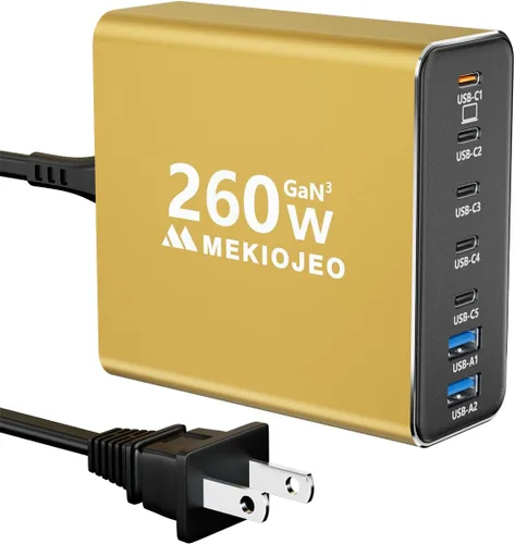 Cargador USB C de aleación de aluminio 260 W GaN estación de carga rápida USB C 7 puertos 65 W cargador portátil para MacBook Pro/Air/iPad