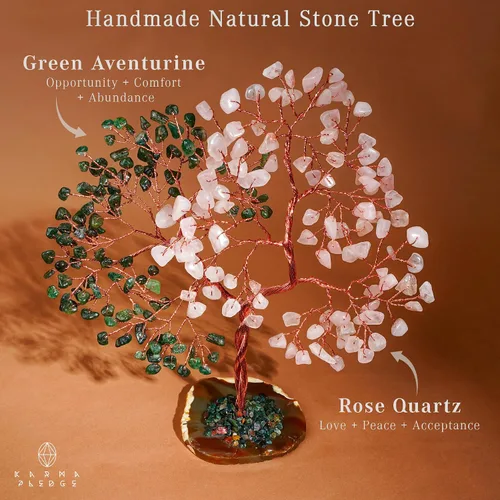 Miniatura 2 de Árbol de cristal para decoración de oficina de mujeres, árbol de piedras curativas de aventurina verde y cuarzo rosa hecho a mano, árbol de la vida