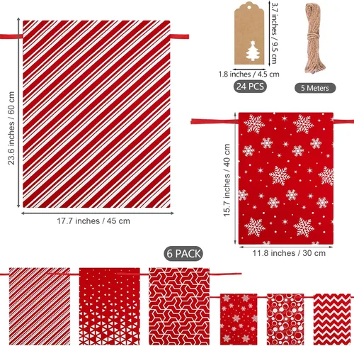Miniatura 2 de MIMIND 6 bolsas de regalo de Navidad con cordón, tela de algodón rojo y blanco, bolsas de regalo de Navidad, bolsas reutilizables para fiestas