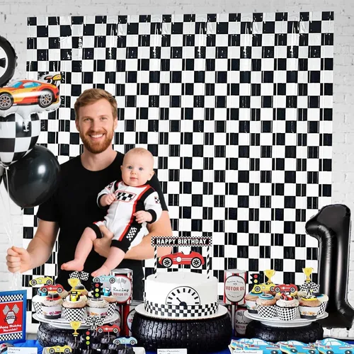 Miniatura 5 de Paquete de 2 telones de fondo de auto de carreras, decoraciones de fiesta de cumpleaños de autos de carreras, fondo a cuadros en blanco y negro